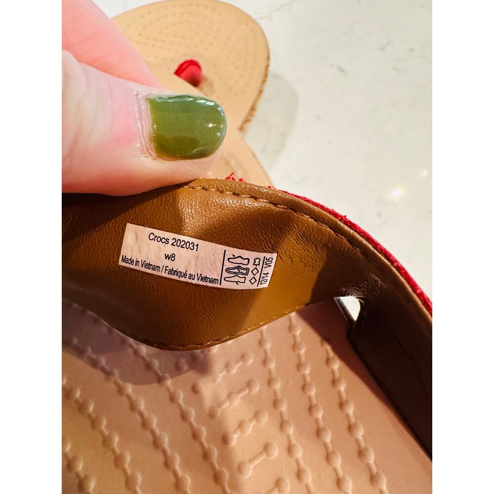 Crocs A Leigh Thong Sandal Cork Wedge Rhinestone Embellishment Red 8 - Picture 5 of 7